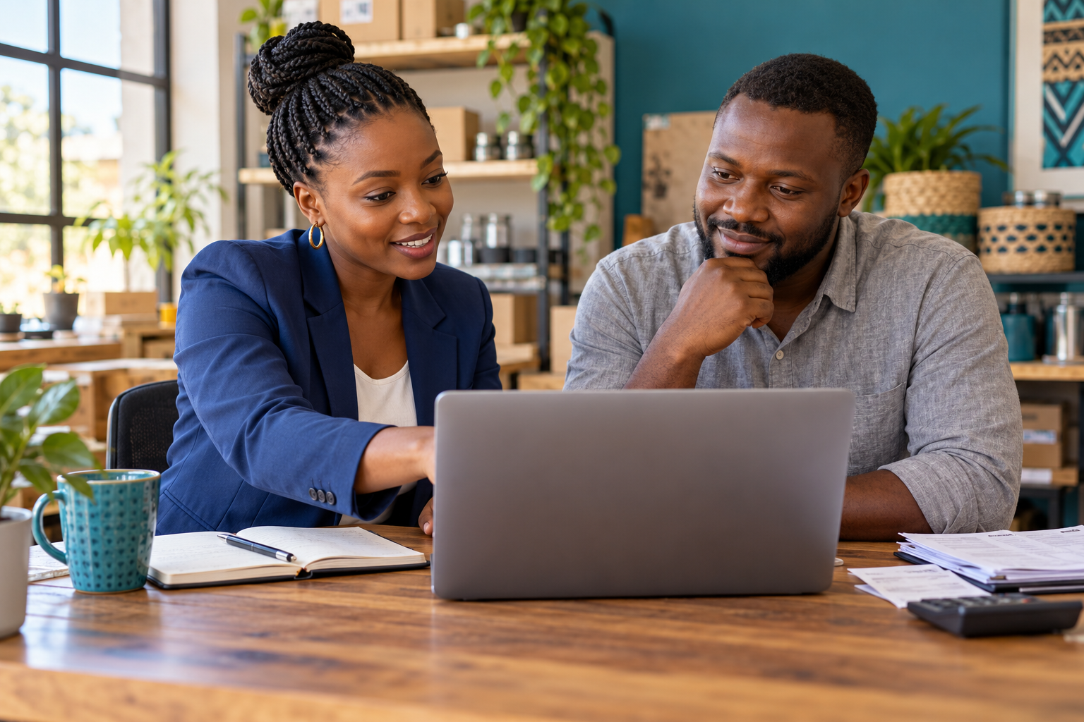 Illustrative consultant helping a business owner prepare a software setup